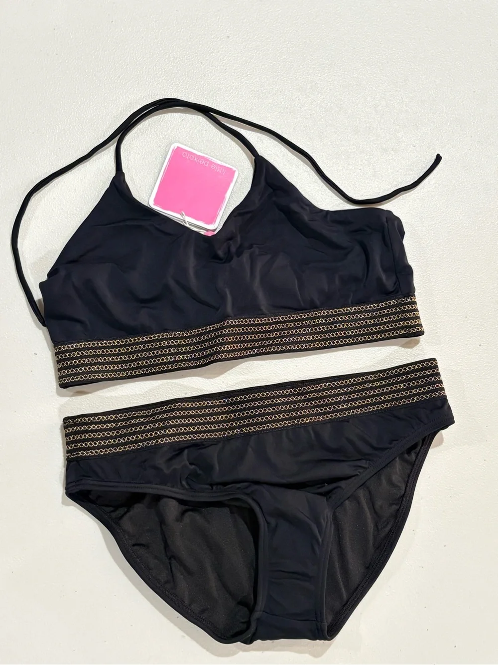 Black Halter Bikini Set with Gold Chain-Pattern Trim